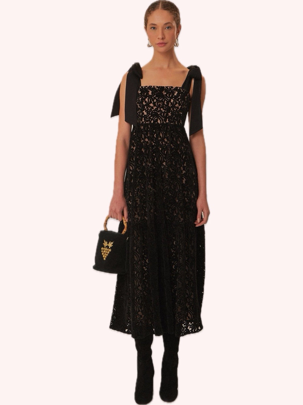 FARM RIO NWT $330 Black Velvet Satin & Guipure Lace Lined Maxi Dress XL